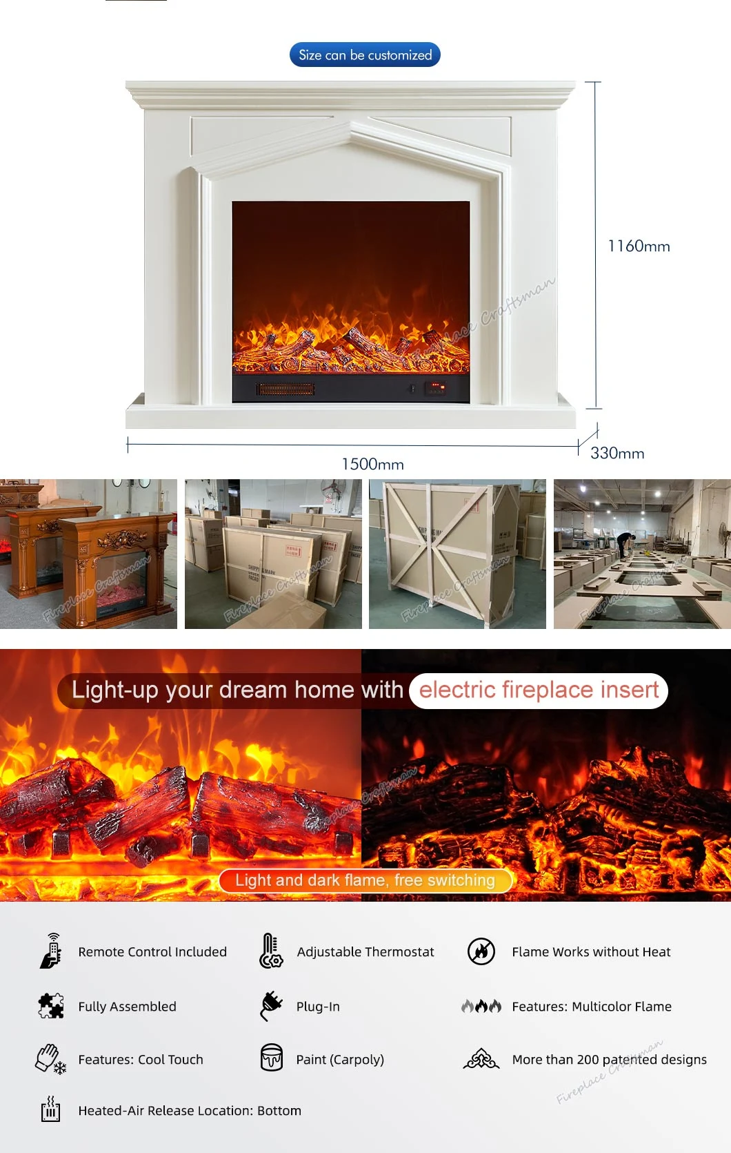Portable Freestanding Electric Fireplace with LED Log Fire Flame Effect Adjustable Thermostat
