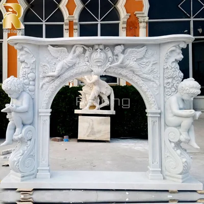 Decoração de casa luxo natural independente pedra mármore lareira com estátua de bebê decoração de casa interior